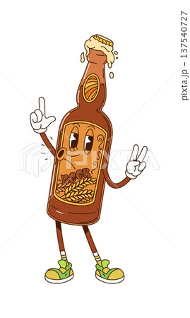 Retro cartoon groovy beer bottle drink characters. Brewery beverage hippie vector personage, alcohol drink retro groovy mascot. Opened glass bottle of foaming fresh beer or ale funky character Retro cartoon groovy beer bottle drink characters. Brewery beverage hippie vector personage, alcohol drink retro groovy mascot. Opened glass bottle of foaming fresh beer or ale funky character 137540727