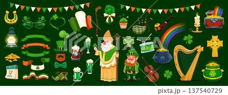 Happy St Patrick's day characters and symbols. Saint Patrick holiday cartoon vector items. Leprechaun character, ribbons and garland, clover leaf, pot and chest with gold, music instruments, sweets 137540729