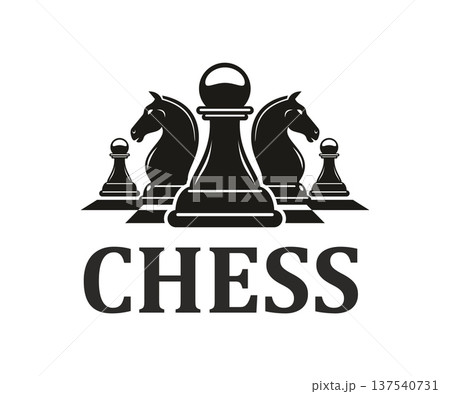 Chess board game club contest monochrome icon or label. Chessboard strategy symbol, board game club vector sign. Business competition icon with pawns and two knights, symbolizing teamwork and strategy Chess board game club contest monochrome icon or label. Chessboard strategy symbol, board game club vector sign. Business competition icon with pawns and two knights, symbolizing teamwork and strategy 137540731