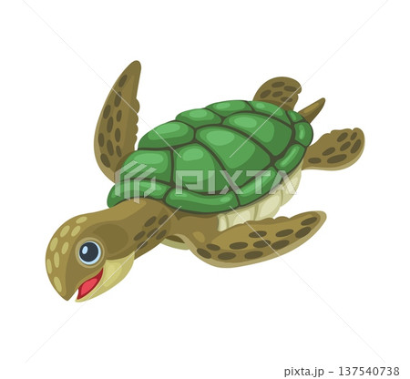 Green turtle sea underwater wildlife animal cartoon character. Coral reef aquatic green turtle cute personage, marine creature cheerful vector mascot. Ocean underwater wildlife animal funny character 137540738