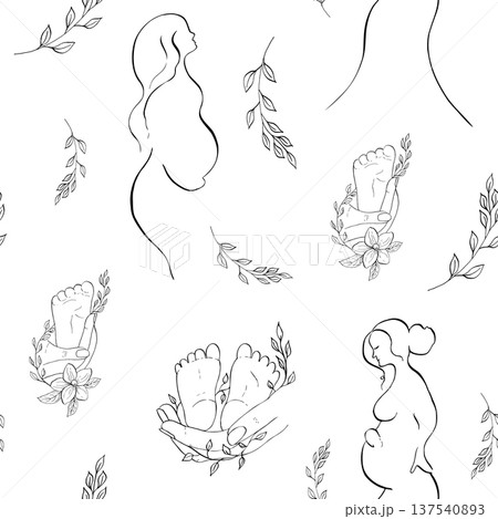 Vector seamless pattern. Pregnant woman in silhouette holds belly near blooming sakura. Parent holding in the hands feet of newborn baby. Hand-drawn vector with linear contour cherry and apple trees Vector seamless pattern. Pregnant woman in silhouette holds belly near blooming sakura. Parent holding in the hands feet of newborn baby. Hand-drawn vector with linear contour cherry and apple trees 137540893