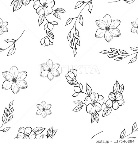 Vector delicate flower seamless pattern.. Hand painted linear contour magnolia, sakura, twig with leaves. Graphic clipart isolated. Botanical, tattoo and wedding illustration. For designers Vector delicate flower seamless pattern.. Hand painted linear contour magnolia, sakura, twig with leaves. Graphic clipart isolated. Botanical, tattoo and wedding illustration. For designers 137540894