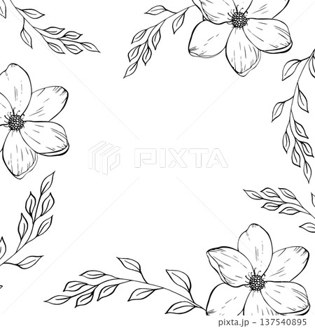 Vector delicate flower frame. Hand painted linear contour magnolia, sakura, twig with leaves. Graphic clipart isolated. Botanical, tattoo and wedding illustration. For designers, invitations 137540895