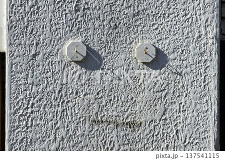 Two exterior electrical conduit caps, installed on stucco wall. 137541115