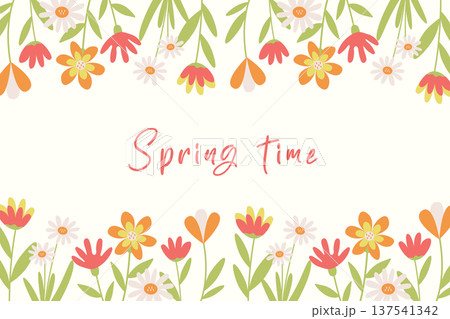Colorful hand-drawn flower border with space for text. An illustration of hand-drawn flower frames on a white background. A floral horizontal background for seasonal greeting cards or holidays. 137541342