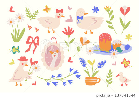 Set of Easter elements with cute geese, a duck, an Easter cake, colorful eggs, and colorful flowers. Elements of festive spring decor. Hand-drawn vector illustration of spring animals 137541344