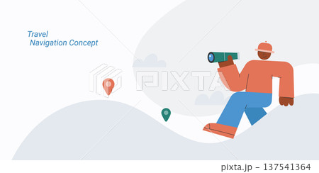 Flat style illustration of a person sitting on hill looking through telescope with location pins, representing travel, navigation, exploration and journey concept. Flat style illustration of a person sitting on hill looking through telescope with location pins, representing travel, navigation, exploration and journey concept. 137541364