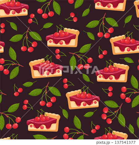 Cherry pie seamless pattern. Flat vector clipart, illustration with isolated background. 137541377