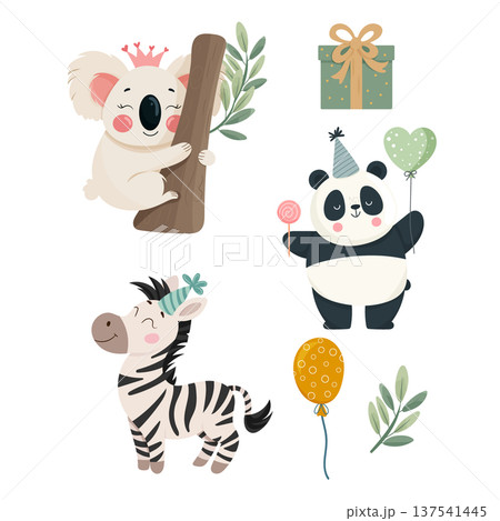 Cute safari birthday animals set with koala, panda and zebra in party hats, balloons and gift box. Adorable pastel jungle characters isolated on white background for kids celebration design. Cute safari birthday animals set with koala, panda and zebra in party hats, balloons and gift box. Adorable pastel jungle characters isolated on white background for kids celebration design. 137541445