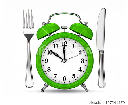 Time for a diet. Green metal alarm clock with green bells and cutlery on white background. Concept of diets and eating by hour. Classic design. 137541479