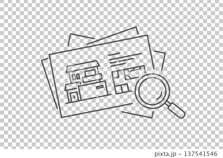 Real estate vector icon (line drawing, monochrome) checking property information with a magnifying glass Real estate vector icon (line drawing, monochrome) checking property information with a magnifying glass 137541546
