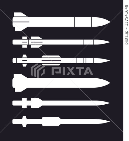 Missile silhouettes collection military weapons comparison white shapes on black background isolated design elements infographic template Missile silhouettes collection military weapons comparison white shapes on black background isolated design elements infographic template 137541648