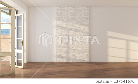 Empty Beachfront Room With Stone Accent Wall And Ocean View 137541670