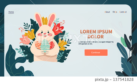 Easter bunny holding decorated eggs surrounded by colorful flowers pastel foliage website landing page template 137541828