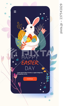 Easter bunny holding colorful eggs surrounded by leaves flowers and abstract shapes on dark background mobile app screen template 137541829