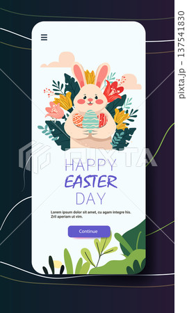 Easter bunny holding decorated eggs flowers foliage pastel colors mobile app screen template 137541830