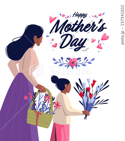 Mother's Day mom and daughter holding flowers floral basket bouquet hearts decorative elements white background celebration Mother's Day mom and daughter holding flowers floral basket bouquet hearts decorative elements white background celebration 137541832