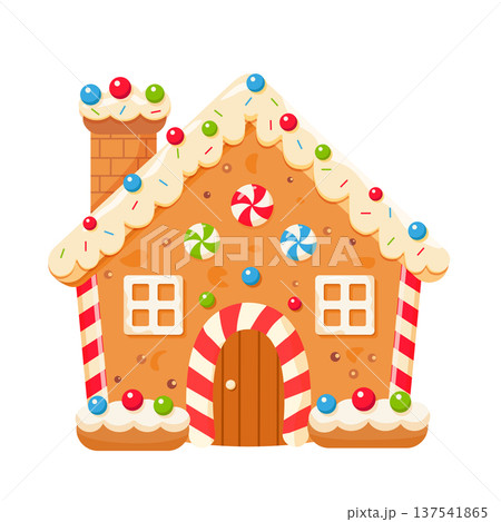 Cute Christmas gingerbread house with candies and icing - vector illustration Sweet holiday cookie house Cute Christmas gingerbread house with candies and icing - vector illustration Sweet holiday cookie house 137541865