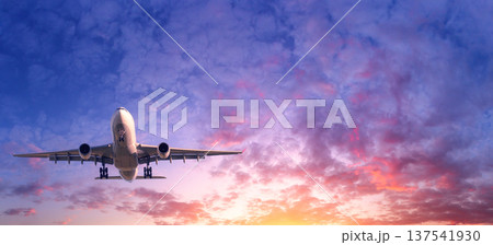 Commercial passenger airplane taking off. Aircraft at sunset Commercial passenger airplane taking off. Aircraft at sunset 137541930