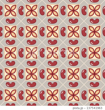 Seamless pattern of red kidney beans on geometric grid. Minimalist vector icons, flat simple design. Perfect for organic packaging, vegan labels, textile prints, wellness branding 137541963