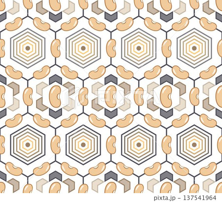 Seamless geometric pattern of white kidney beans. Elements are arranged horizontally on hexagonal grid on transparent background. Minimalist vector icons, flat design. For food packaging, branding 137541964
