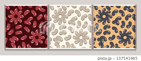 Set of seamless patterns with randomly scattered kidney beans. Minimalist flat vector icons on colorful backgrounds. Some beans are arranged in flower shape. For organic food packaging, textile prints Set of seamless patterns with randomly scattered kidney beans. Minimalist flat vector icons on colorful backgrounds. Some beans are arranged in flower shape. For organic food packaging, textile prints 137541965