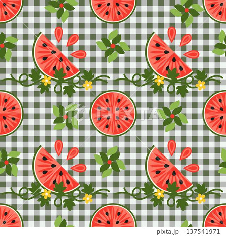 Seamless watermelon pattern on green gingham background. Juicy pieces with watermelon vine are arranged in checkerboard pattern. Flat simple style. Suitable for food packaging, kitchen textiles Seamless watermelon pattern on green gingham background. Juicy pieces with watermelon vine are arranged in checkerboard pattern. Flat simple style. Suitable for food packaging, kitchen textiles 137541971