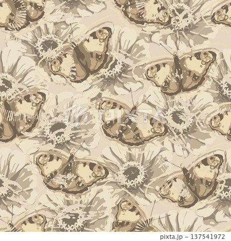 Beige camouflage seamless pattern with stylized butterflies, floral elements. Abstract grunge style. Wild nature. Soft muted colors. For apparel, fabric, textile, sport goods design. Beige camouflage seamless pattern with stylized butterflies, floral elements. Abstract grunge style. Wild nature. Soft muted colors. For apparel, fabric, textile, sport goods design. 137541972