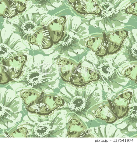 Pastel green camouflage seamless pattern with stylized butterflies, floral elements. Abstract grunge style. Wild nature. Soft muted colors. For apparel, fabric, textile, sport goods design. 137541974