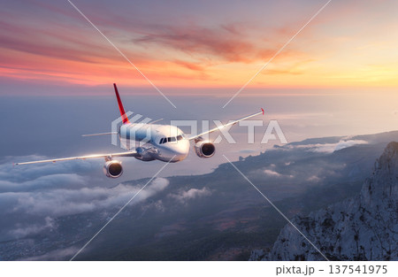 Commercial passenger airplane flying over sea coast and mountains Commercial passenger airplane flying over sea coast and mountains 137541975