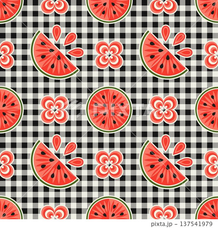 Seamless watermelon pattern on gingham background. Juicy pieces are arranged in checkerboard pattern. Flat simple style. Ideal for food packaging, kitchen textiles Seamless watermelon pattern on gingham background. Juicy pieces are arranged in checkerboard pattern. Flat simple style. Ideal for food packaging, kitchen textiles 137541979