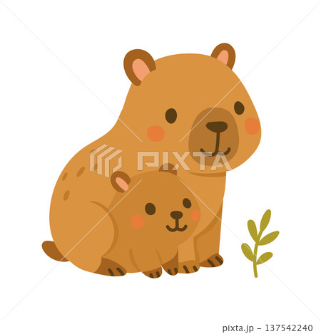 Adorable capybara parent with baby illustration representing wildlife family, tropical animal character, nursery decor, nature education graphics and cute animal storytelling 137542240