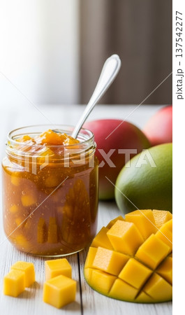 Mango marmalade jar with spoon inserted on wooden table Mango marmalade jar with spoon inserted on wooden table 137542277