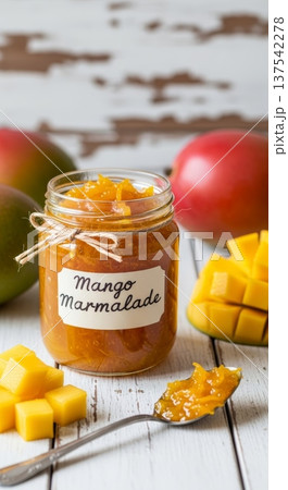 Labeled mango marmalade jar with diced fruit arranged on board 137542278
