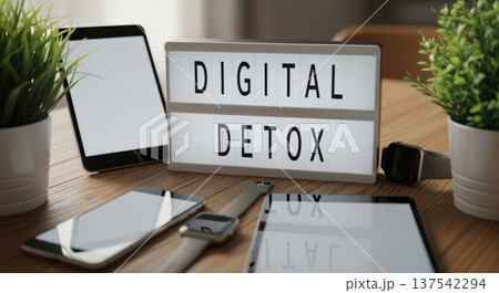 Lightbox displaying digital detox message on wooden desk Lightbox displaying digital detox message on wooden desk 137542294