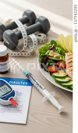 Healthy lifestyle flatlay with insulin injection glucose meter dumbbells measuring tape and balanced salad for wellness background and fitness poster Healthy lifestyle flatlay with insulin injection glucose meter dumbbells measuring tape and balanced salad for wellness background and fitness poster 137542295
