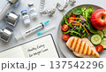 Healthy eating and weight loss injection flat lay with salad, grilled chicken and dumbbell for diet background and wellness design 137542296