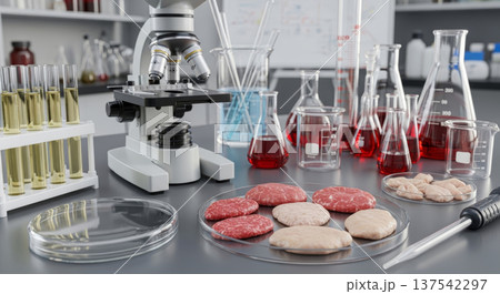 Laboratory cultured meat production setup with petri dishes, test tubes and microscope for food research and innovation background 137542297