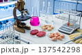 Scientific food lab scene with microscope, glassware and cultured meat samples on petri dishes for laboratory research background 137542298