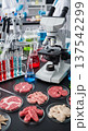 Vertical laboratory composition with microscope and multiple petri dishes of meat samples for food safety and research poster background 137542299