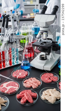 Vertical laboratory composition with microscope and multiple petri dishes of meat samples for food safety and research poster background 137542299