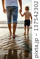 Father and son walking hand in hand along wet shoreline toward the sea at sunset for family wallpaper and poster design 137542302