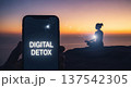 Sunset coastal meditation with cracked phone screen displaying digital detox message for outdoor wellbeing banner and mindful retreat 137542305