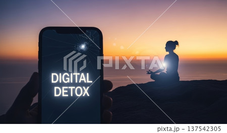 Sunset coastal meditation with cracked phone screen displaying digital detox message for outdoor wellbeing banner and mindful retreat Sunset coastal meditation with cracked phone screen displaying digital detox message for outdoor wellbeing banner and mindful retreat 137542305