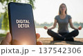 Lakeside meditation with smartphone displaying digital detox text for outdoor wellness background and guided mindfulness practice 137542306