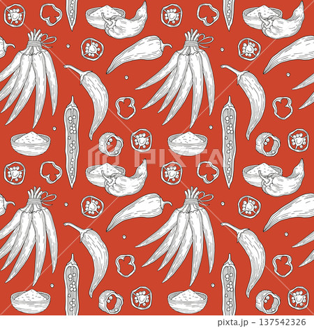 Hand-drawn seamless pattern of sliced chili pepper and chili seeds, chili powder spice, bundle of fresh peppers on red background Hand-drawn seamless pattern of sliced chili pepper and chili seeds, chili powder spice, bundle of fresh peppers on red background 137542326
