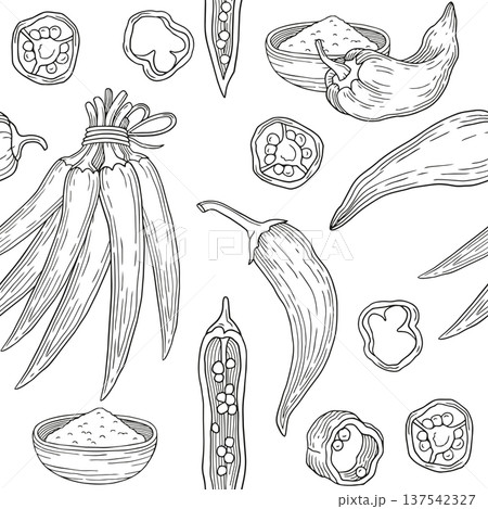 Hand-drawn seamless pattern of sliced chili pepper and chili seeds, chili powder spice, bundle of fresh peppers graphic sketch Hand-drawn seamless pattern of sliced chili pepper and chili seeds, chili powder spice, bundle of fresh peppers graphic sketch 137542327