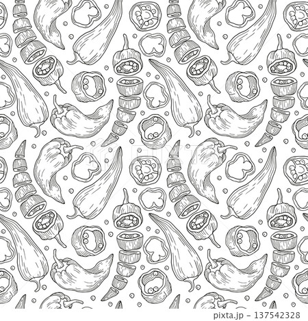 Seamless pattern of sliced chili pepper and chili seeds and slices graphic sketch for ingredients or product design 137542328