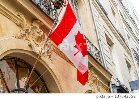 Canadian flag on a building in Paris. 137542358