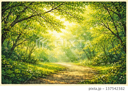 新緑　森林　森林浴　光　エコイメージ　木版画風 137542382